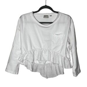 ANTHROPOLOGIE Postmark Size S Top T-shirt Pullover Cropped High Low Ruffled Hem